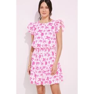 Vineyard Vines Palm Tree Smocked Dress Size M 100% Linen Ruffle Hem Round Neck